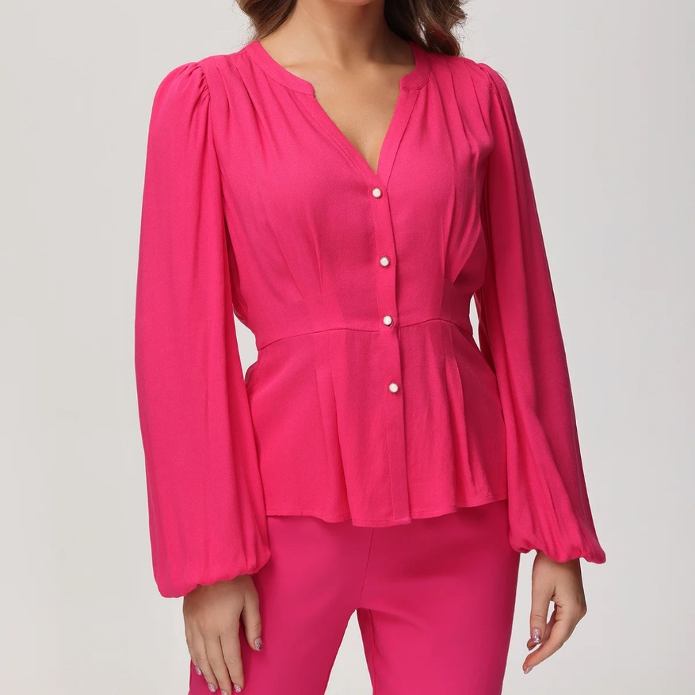 89th & Madison Pink Button Down split neck Peplum Style blouse, NWT